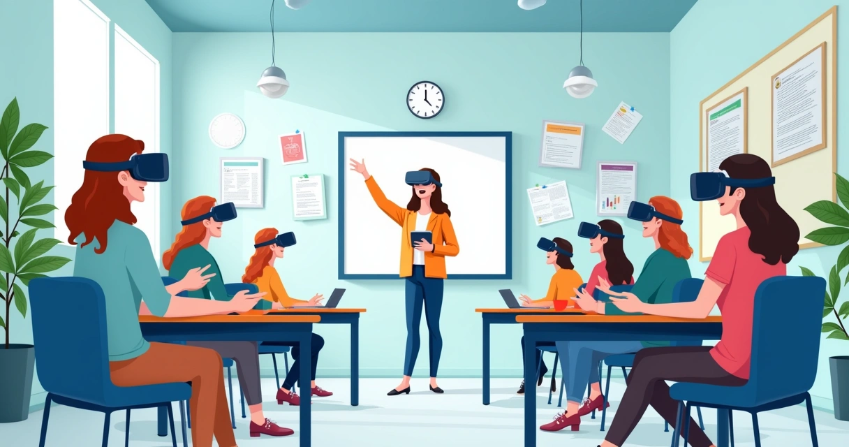 Alunos usando óculos de realidade virtual durante aula 