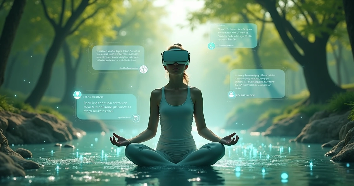 Pessoa usando óculos de realidade virtual em ambiente relaxante