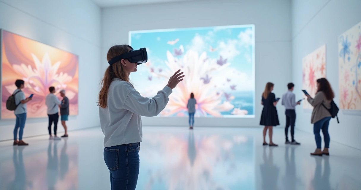 Pessoa experimenta exposição em realidade virtual com óculos VR 