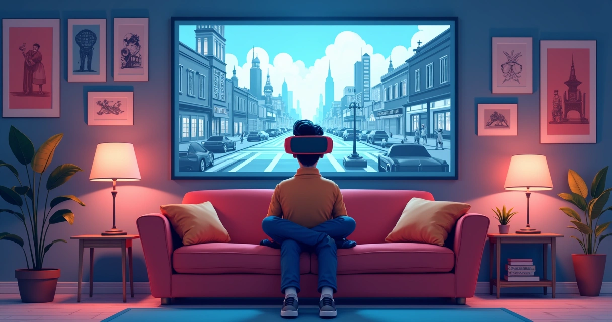 Pessoa assistindo filme clássico com óculos de realidade virtual 