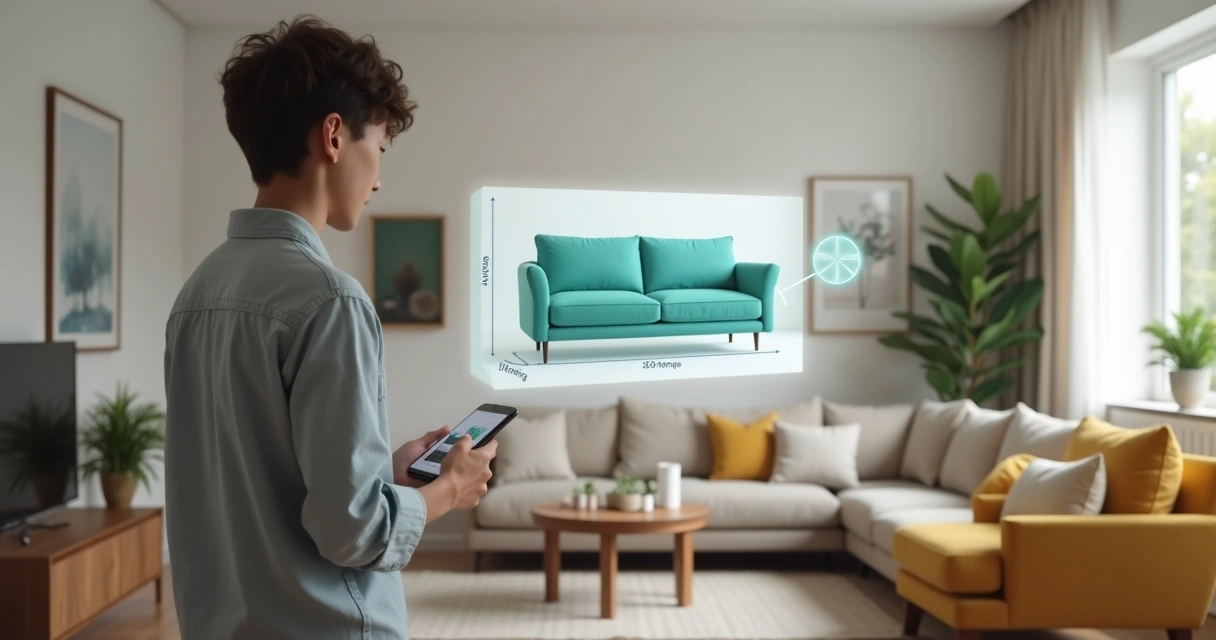 Cliente usando realidade aumentada para móveis em casa 