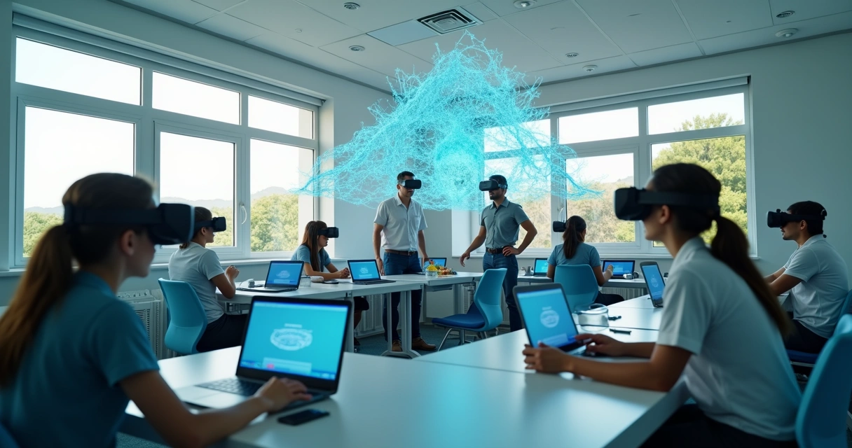 Estudantes usando realidade virtual em sala de aula digital