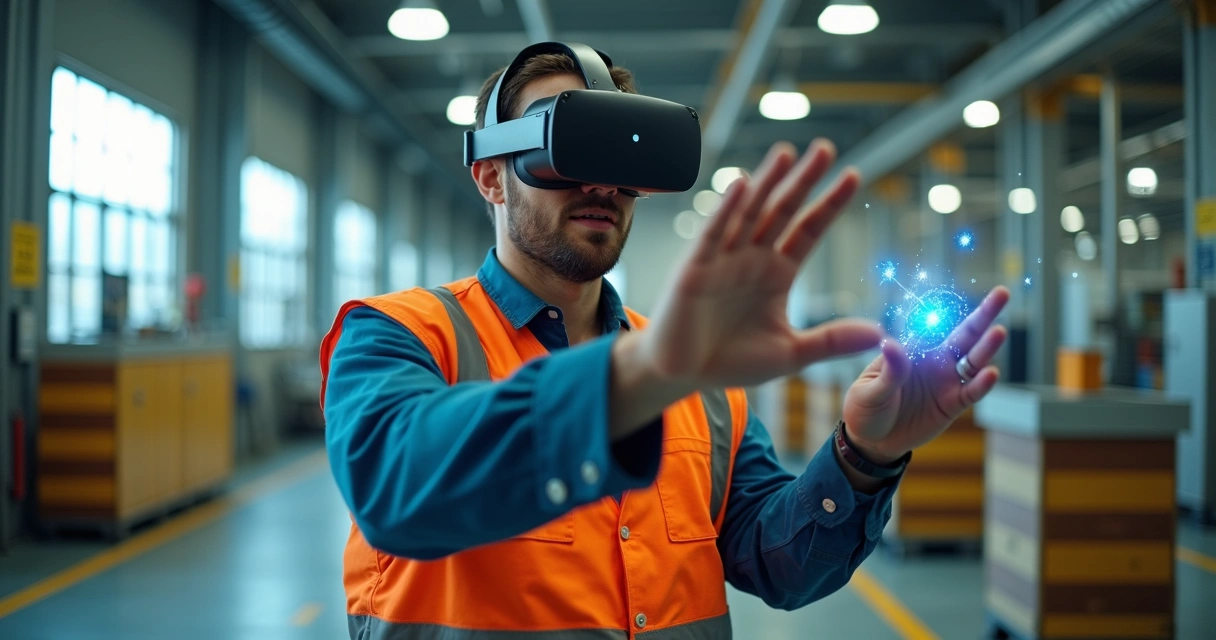 Colaborador usando óculos de realidade virtual para simulação de segurança 