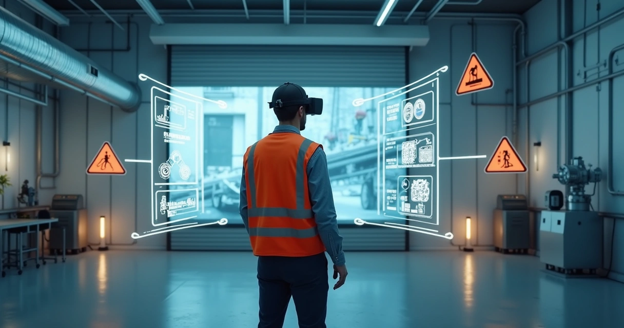 Trabalhador utilizando óculos de realidade virtual em treinamento de segurança 