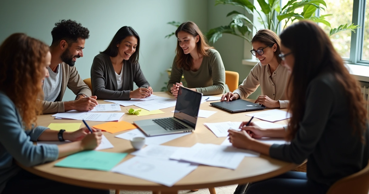 Grupo de pessoas em uma reunião de trabalho, discutindo ideias em uma mesa redonda 