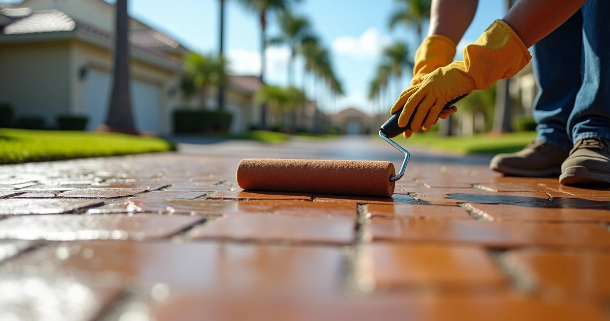 Applying sealer to a stamped concrete driveway 