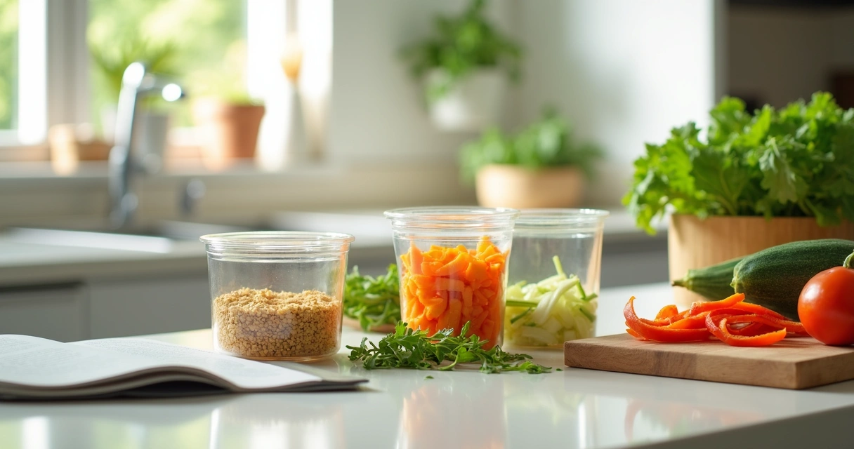 Cascas e talos de legumes separados em potes sobre uma bancada de cozinha