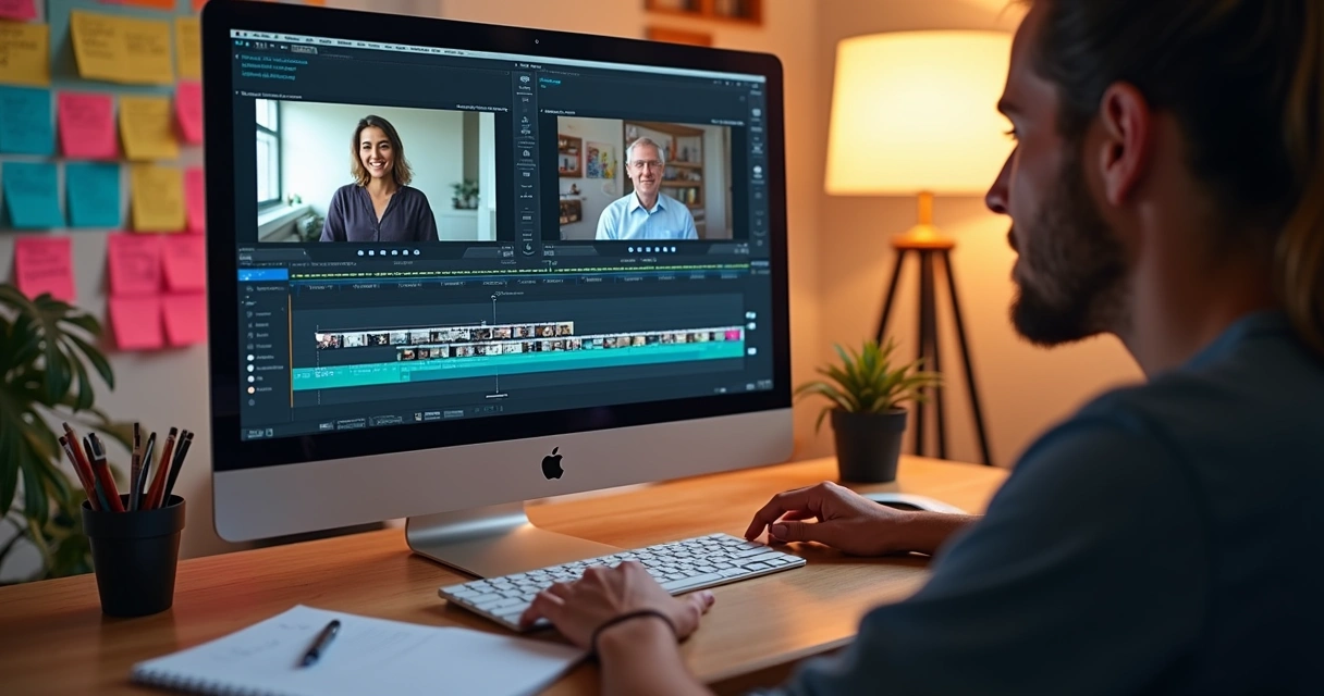 Pessoa editando vídeo de webinar no computador com timeline aberta e anotações ao lado 