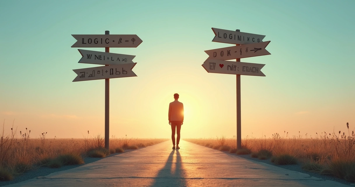 Person standing at crossroads between logic and emotion 