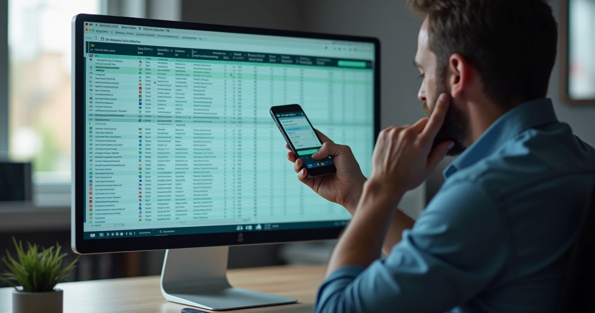 Pessoa no escritório analisando lista de clientes antigos no computador