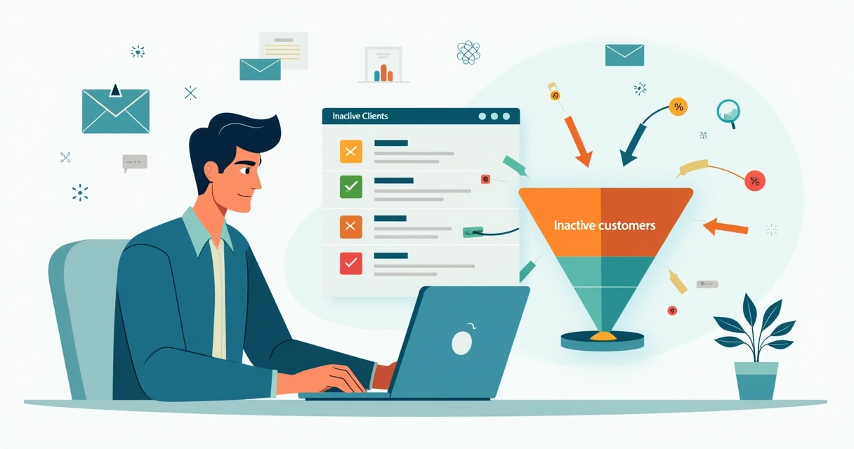 Gestor analisando lista de clientes inativos com funil de vendas em destaque 