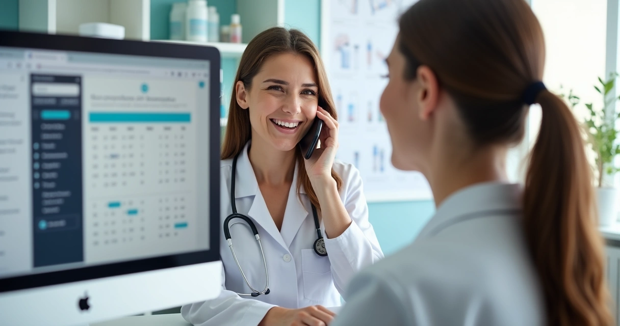 Profissional de clínica de saúde falando ao telefone com paciente, sorrindo, tela de computador aberta ao fundo