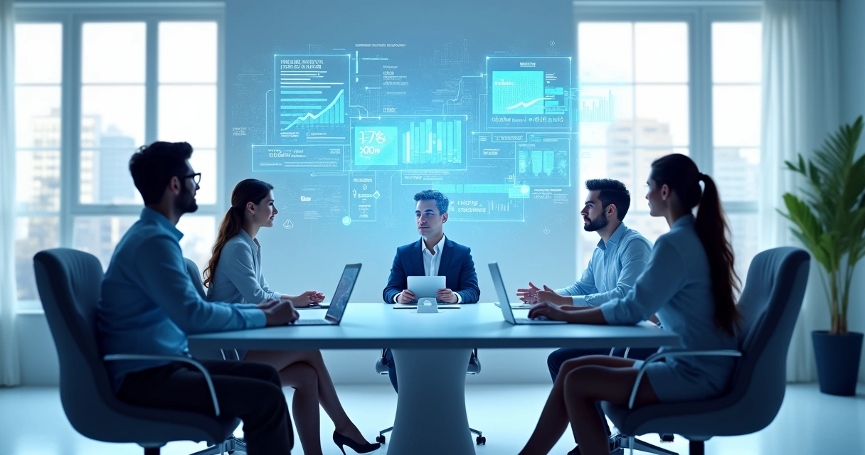 Corretores analisando informações digitais ao redor de uma mesa 