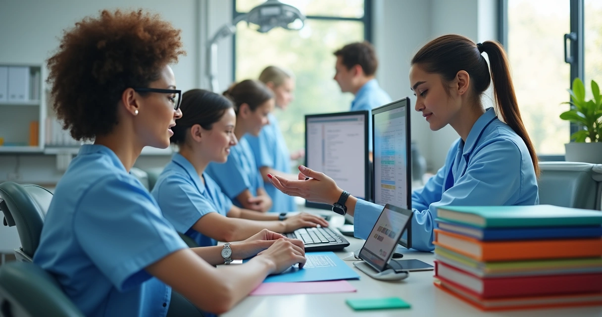 Equipe de dentistas conectando contatos no computador 