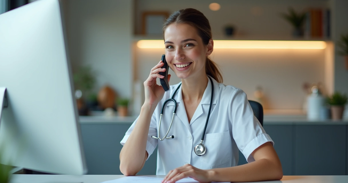 Profissional de clínica odontológica faz ligação sorrindo na recepção 