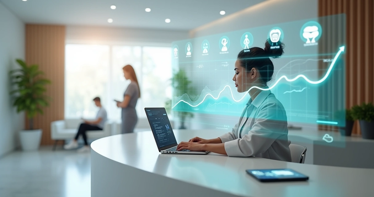 Profissional de clínica de saúde analisando painel digital com retorno de pacientes 