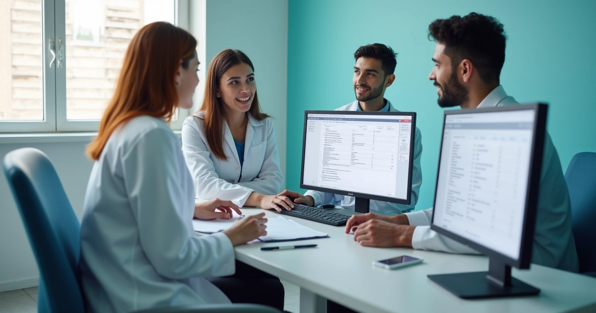Equipe de clínica odontológica usando computador para reativar pacientes 