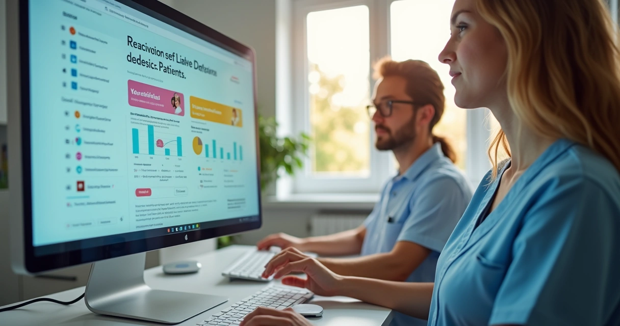 Equipe de clínica odontológica usando computador para reativar pacientes inativos