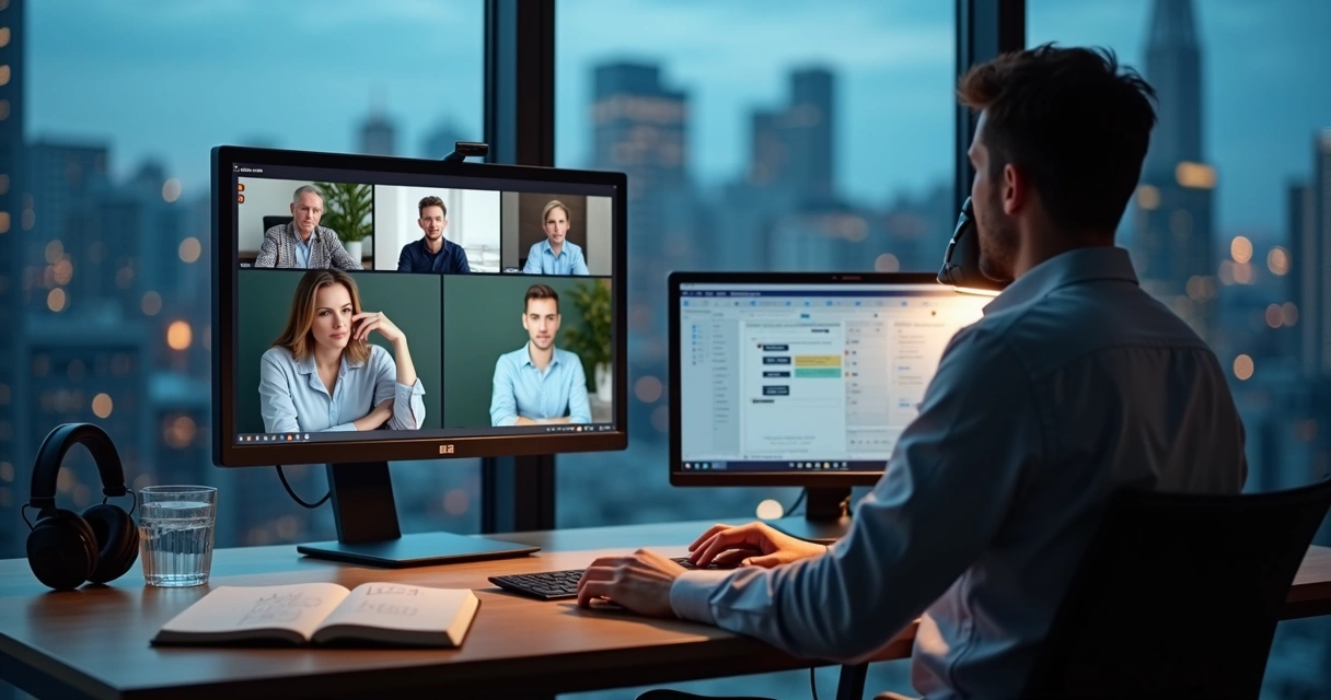 Profissional diante de monitores com reuniões híbridas exibindo reações emocionais contrastantes 
