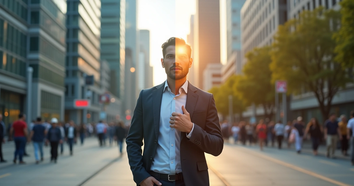 Pessoa dividida entre reação impulsiva e escolha responsável em cenário urbano 