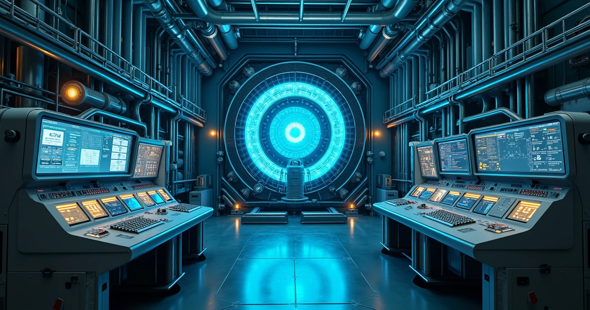 Reator nuclear moderno com estruturas metálicas complexas, luzes azuis e visor de controle eletrônicos em alta definição 