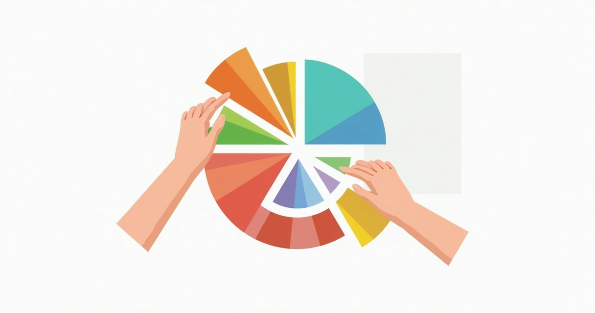 Gráfico colorido em pizza sendo redistribuído para mostrar novo equilíbrio. 