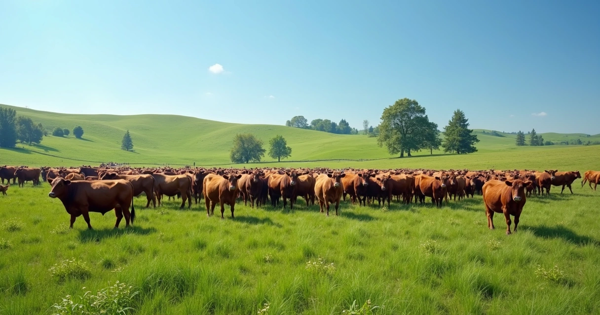 Rebanho bovino pastando em campo aberto com coloração vibrante e céu azul claro 