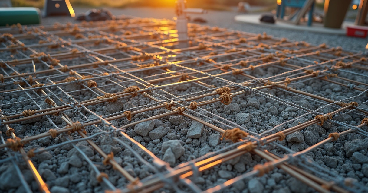 Close view of tied rebar grid before concrete pour on patio slab