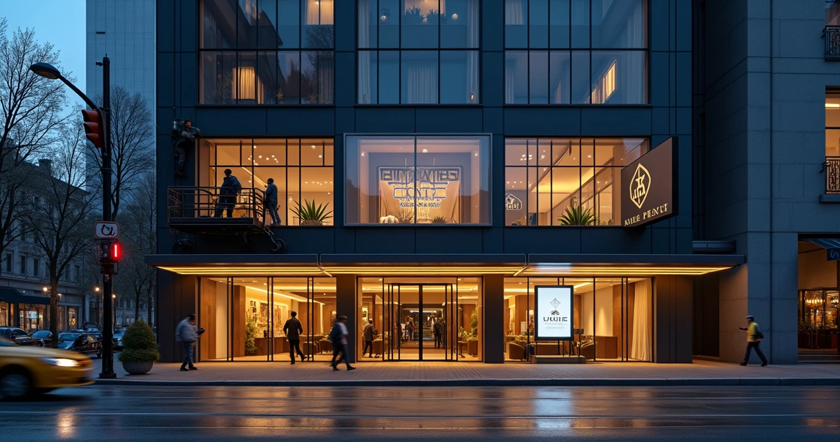 Fachada de hotel à noite com nova identidade visual sendo instalada. 