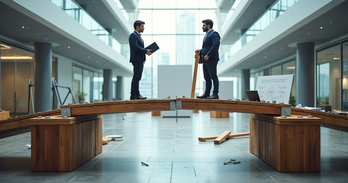 Two professionals reconnecting on a partially rebuilt office bridge 