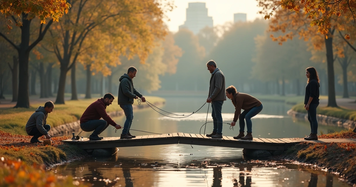 Four people repairing a wooden bridge together over calm water 