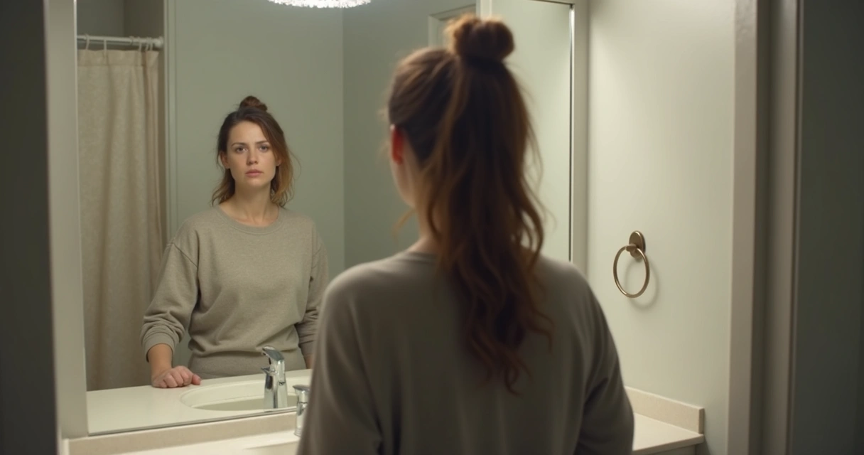 Pessoa olhando para o próprio reflexo em um espelho, expressando reflexão 