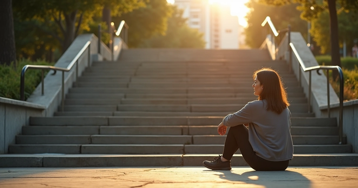 Pessoa sentada refletindo em uma escadaria entre sombra e luz 