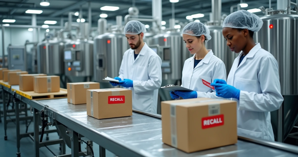 Equipe de qualidade avaliando lote de alimentos em esteira de fábrica para possível recall 