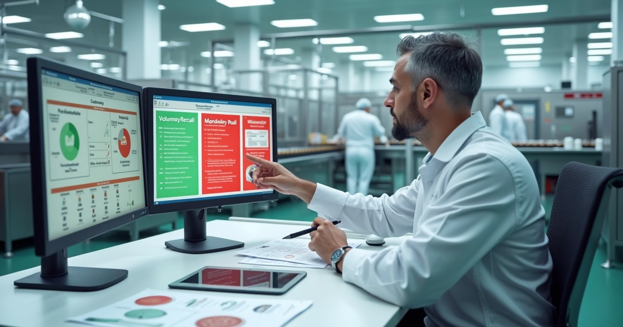 Gestor analisando recall de alimentos em fábrica com linha de produção ao fundo 
