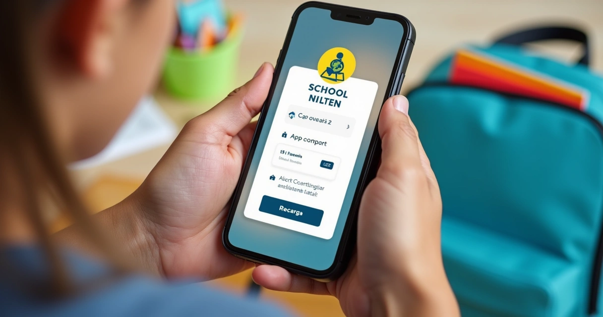 Responsável fazendo recarga online para cantina escolar, celular em destaque 