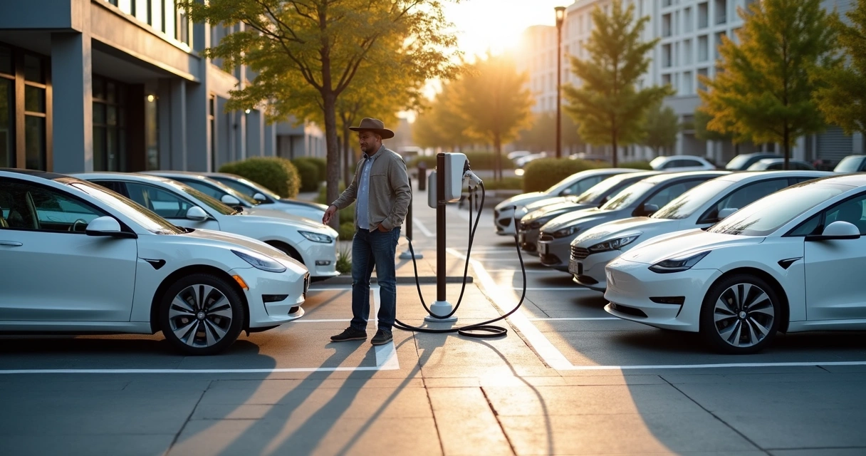 Carros elétricos recarregando em estacionamento comercial