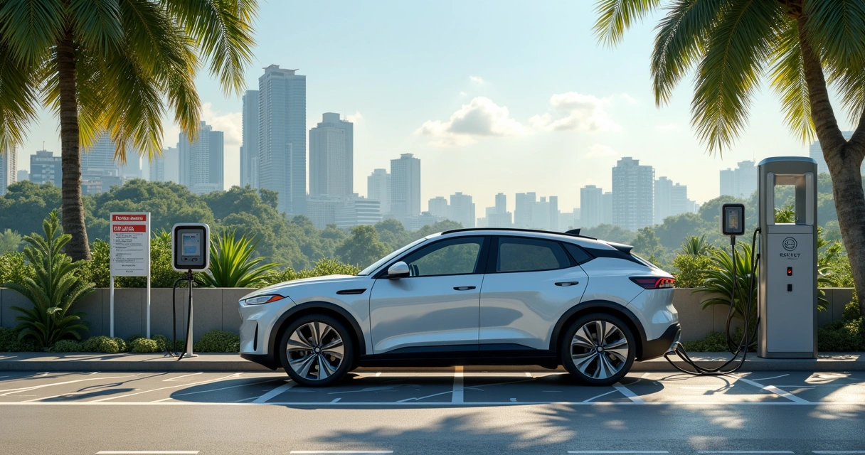 Carro híbrido plug-in conectado à estação de recarga urbana no Brasil