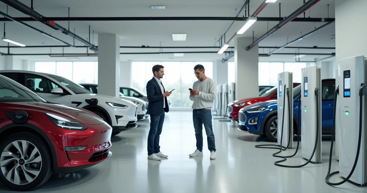 Carros elétricos sendo recarregados em vagas de garagem de condomínio. 