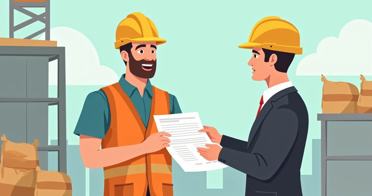 Homem recebendo notificação de multa fiscal em obra de construção 