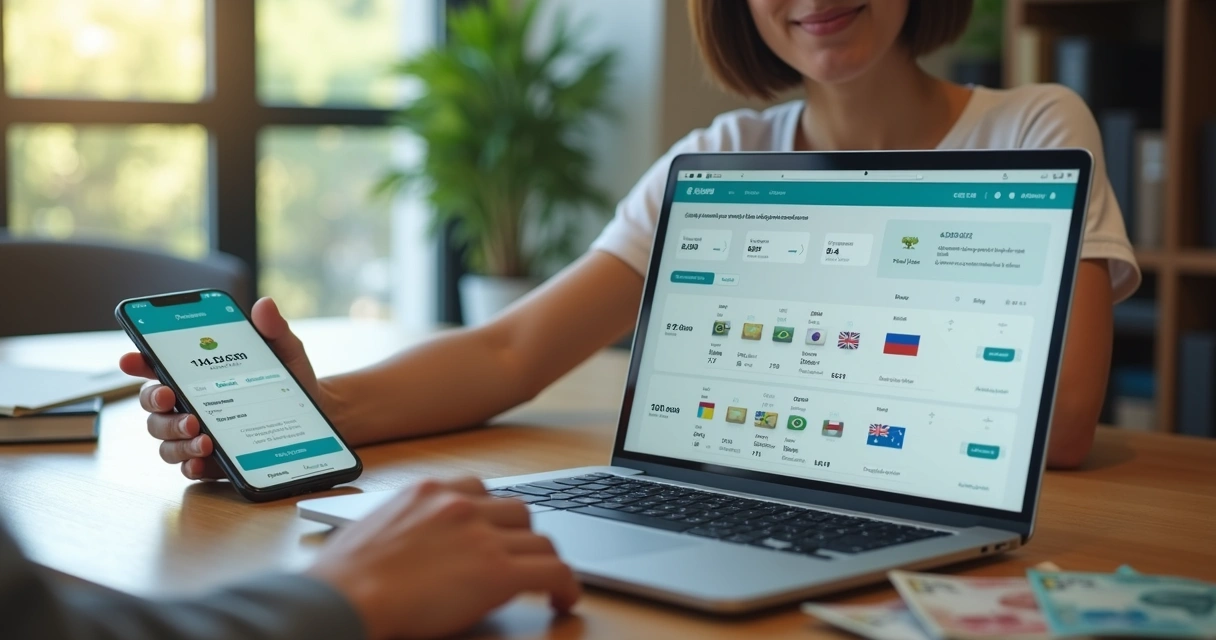 Brasileiro usando notebook recebe moeda estrangeira em app de câmbio 