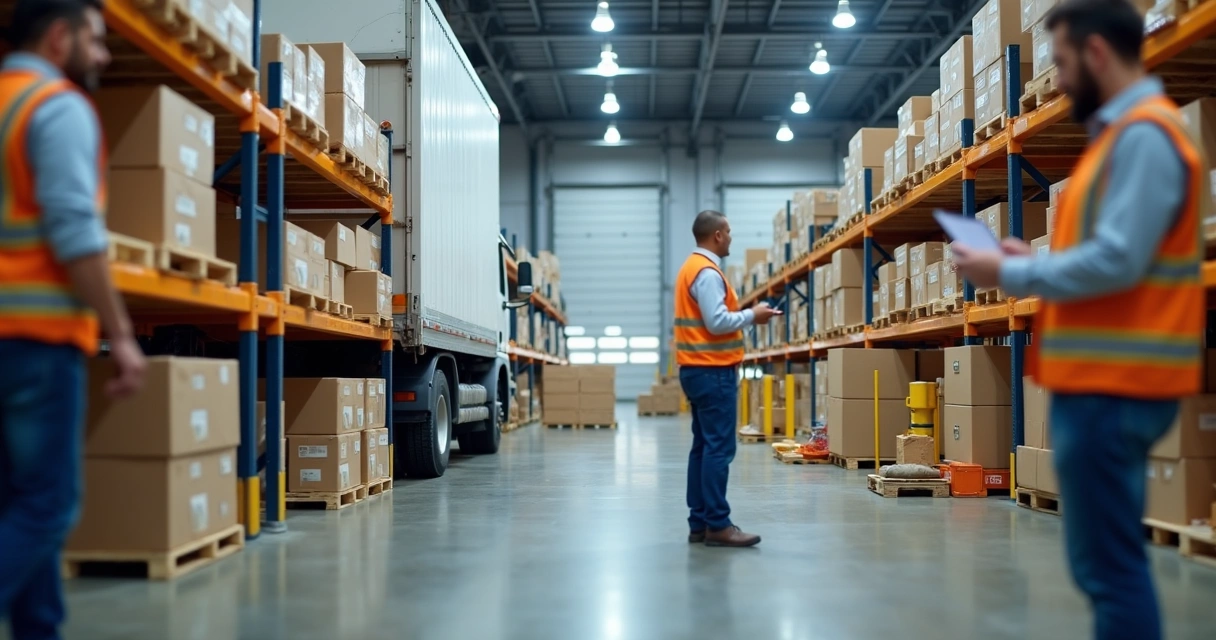 Equipe conferindo pallets no recebimento de um centro de distribuição 