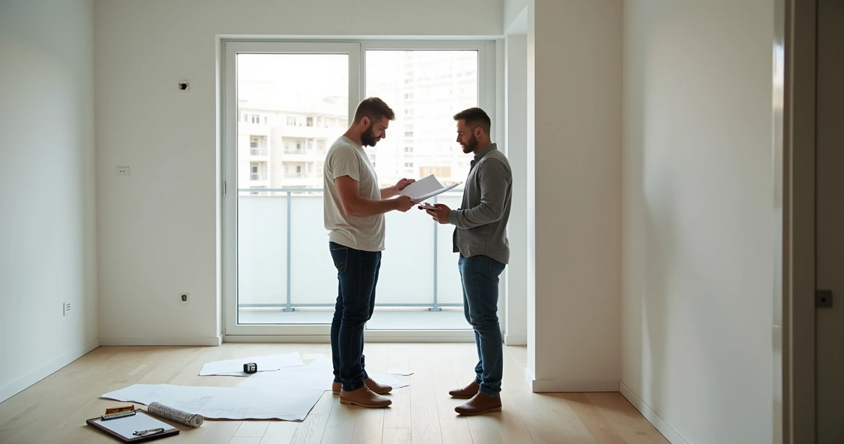 Proprietário acompanhado por arquiteto em vistoria de imóvel 