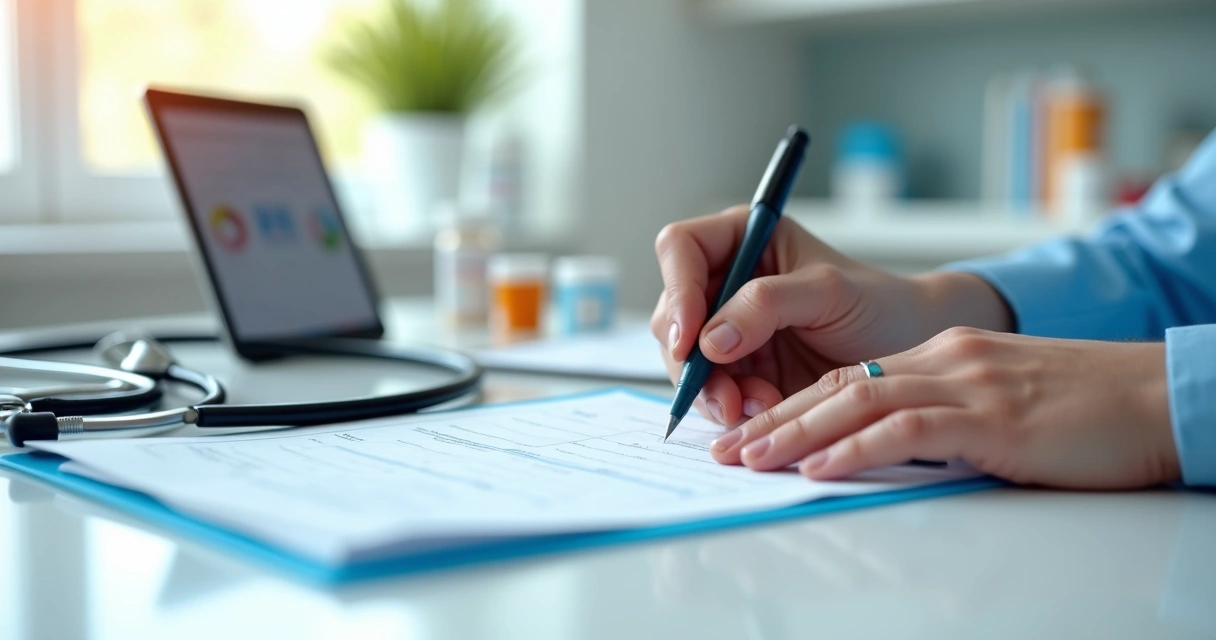Médico preenchendo receita azul em consultório moderno 