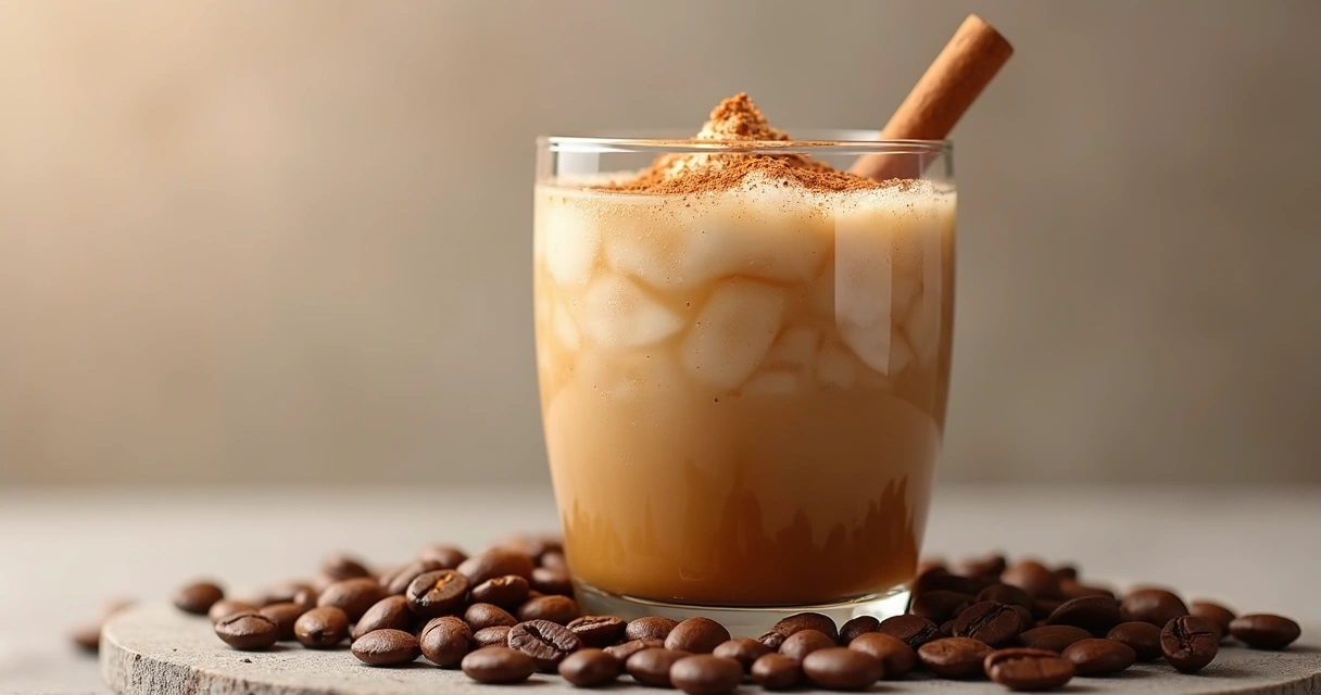 Shake gelado de café com canela, copo transparente e fundo neutro 