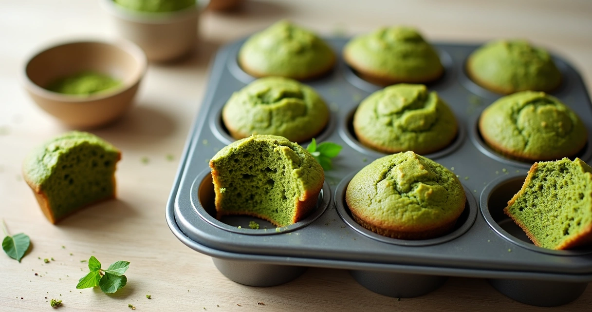 Muffins verdes de moringa em assadeira sobre mesa de madeira clara 