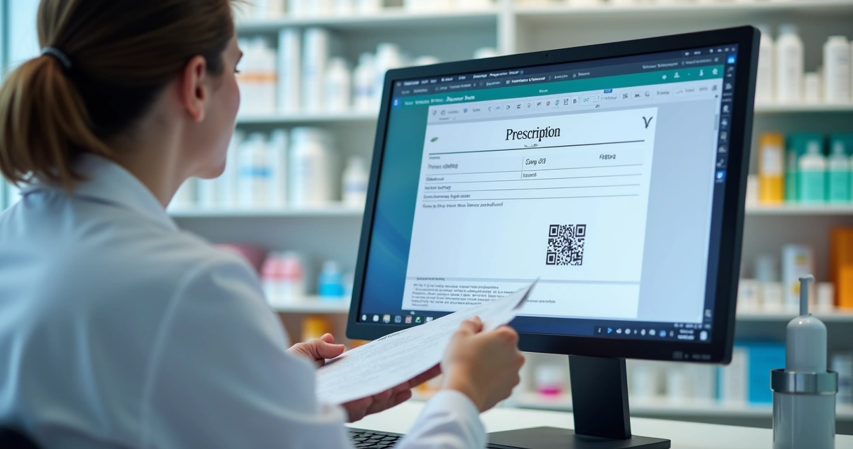 Atendente de farmácia confirmando receita digital no computador 