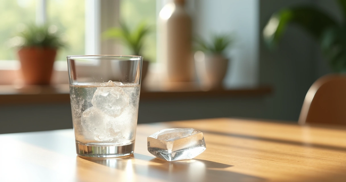 Copo de vidro transparente com água, cristal do lado de fora, em mesa clara