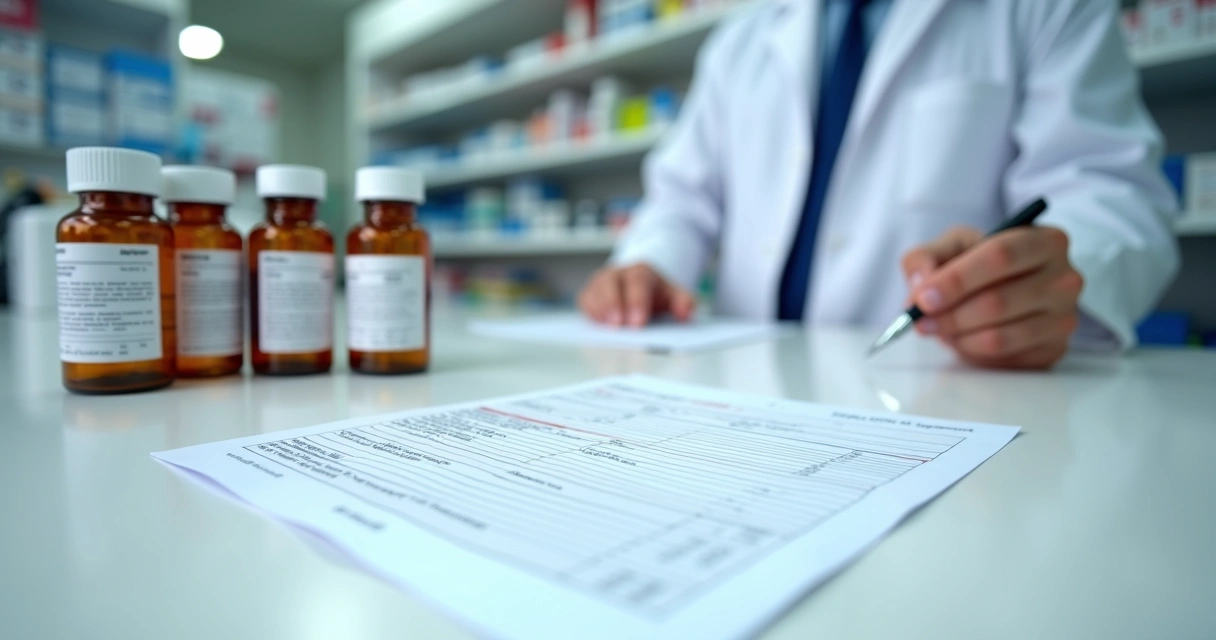 Receita médica ao lado de frascos manipulados em balcão farmacêutico 