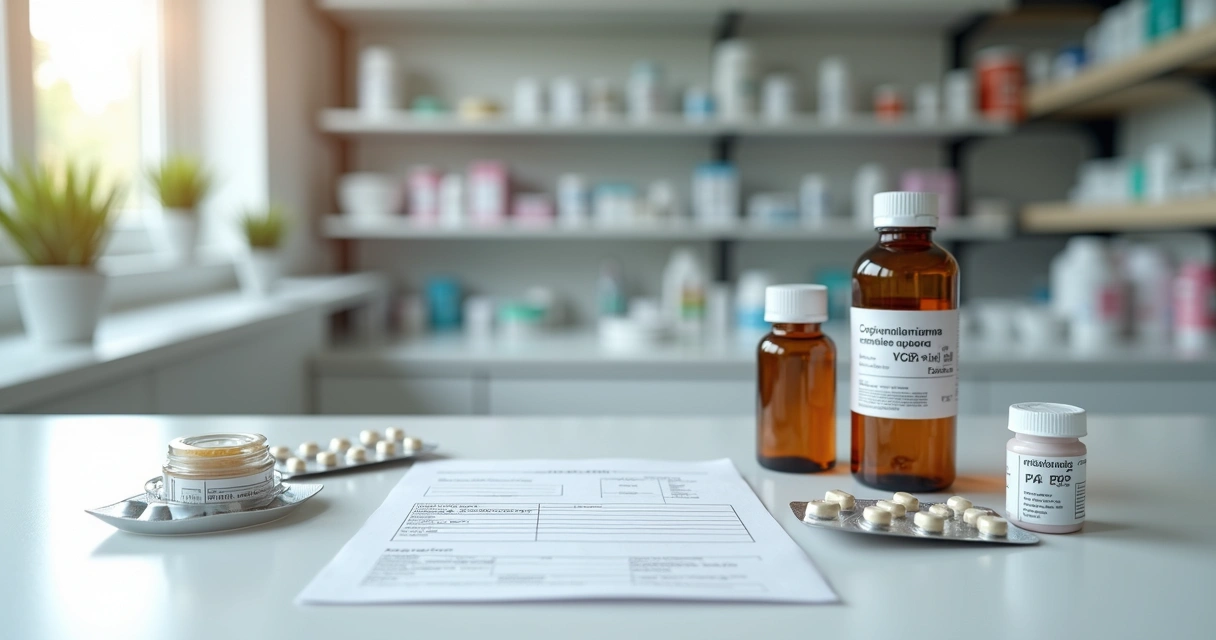 Receita médica ao lado de frascos manipulados e vitaminas